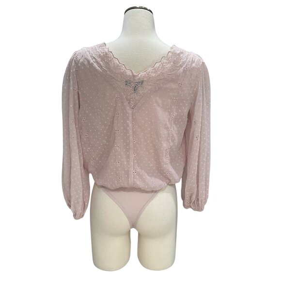 Express Light Pink Lace Trim Bodysuit XS Romantic Boho Cottagecore Feminine Chic - Picture 6 of 11
